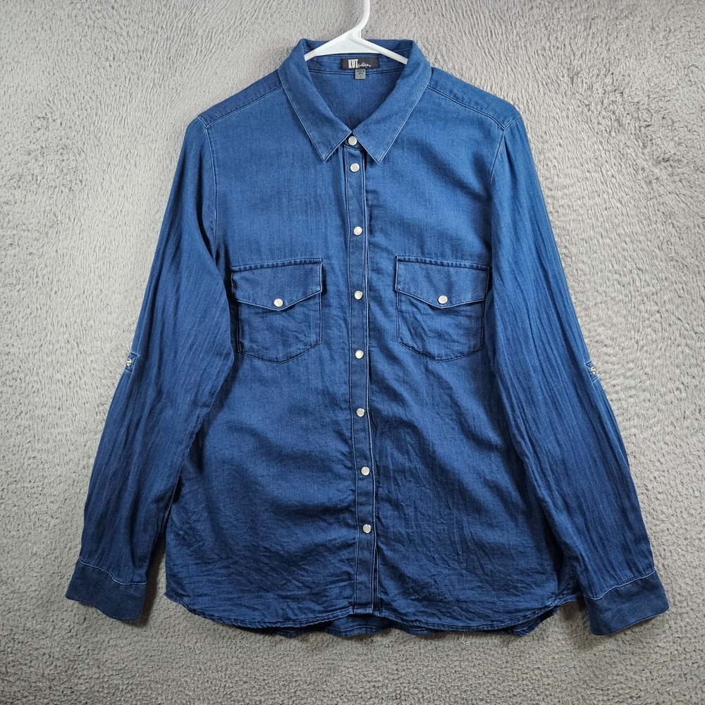 Kut Shirt Top Women‎ Large Pearl Snap Long Sleeve Blue Denim Look